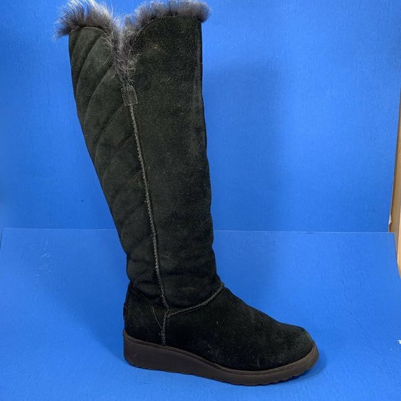 UGG Rosalind Toscano Fur Lined Boots Womens Size 7 Black Suede 17 Inch - Picture 2 of 10